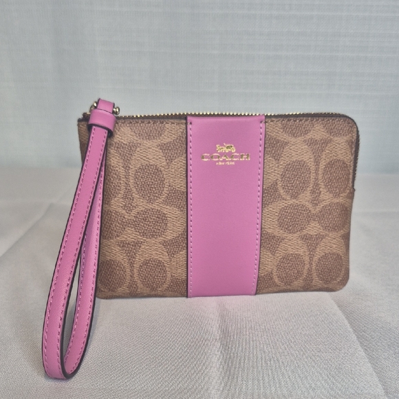 Coach Signature Brown and Pink Wristlet